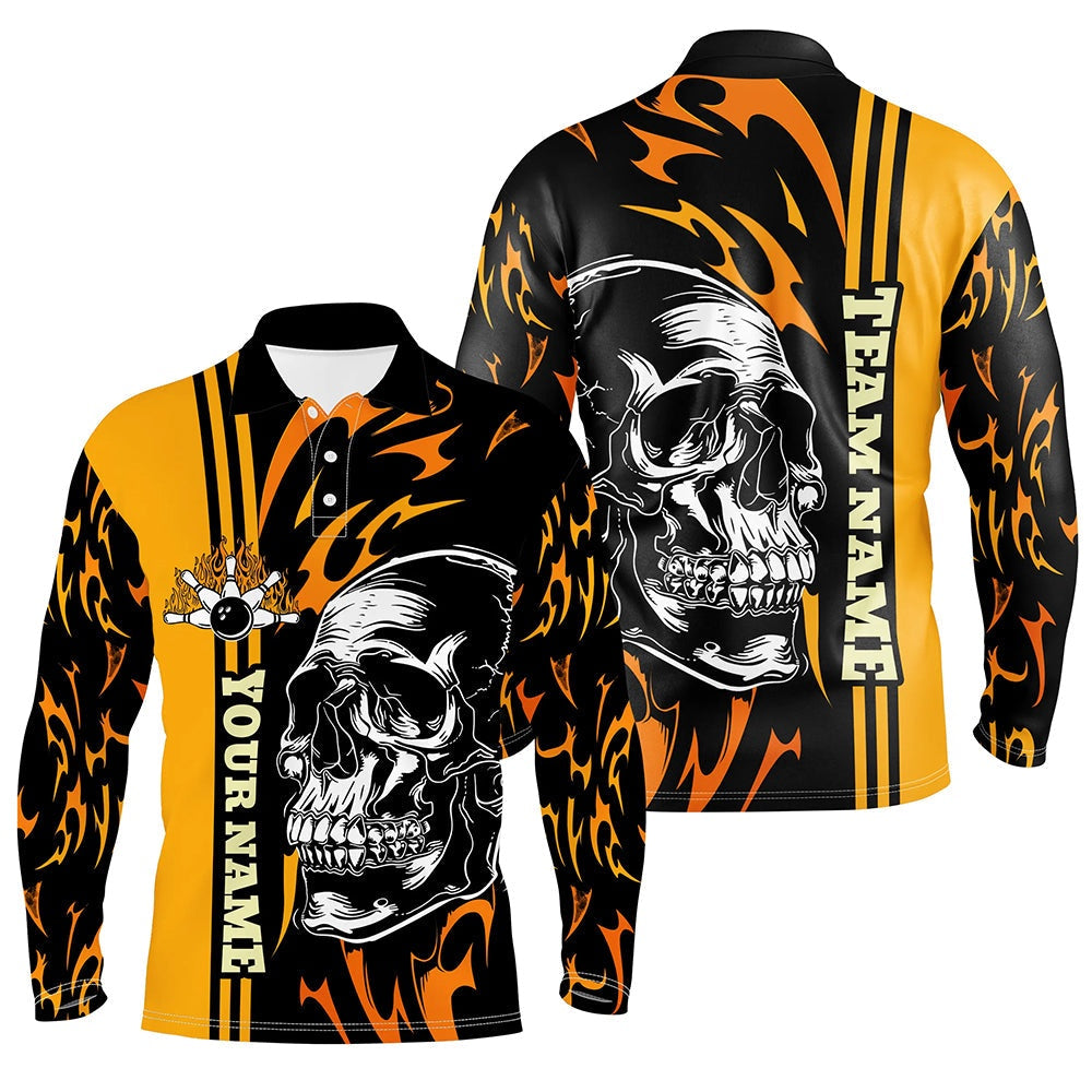 Custom Bowling Polo Shirts, Mens Bowling Polo Shirts Custom Black And Yellow Flame Skull Bowling Ball And Pins Team League Jerseys
