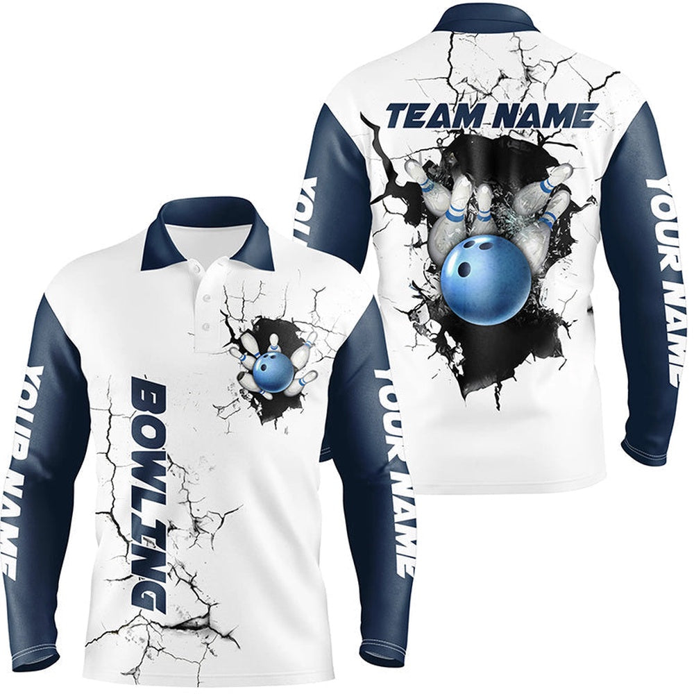 Custom Bowling Polo Shirts, Mens Bowling Polo Shirts Custom Bowling Ball And Pins Team League Jerseys, Gifts For Bowlers Blue