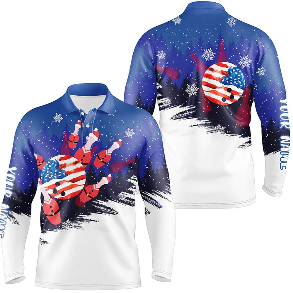 Custom Bowling Polo Shirts, Mens Bowling Polo Shirts Custom Christmas Bowling Santa Pins American Flag Team Mens Blue Jerseys