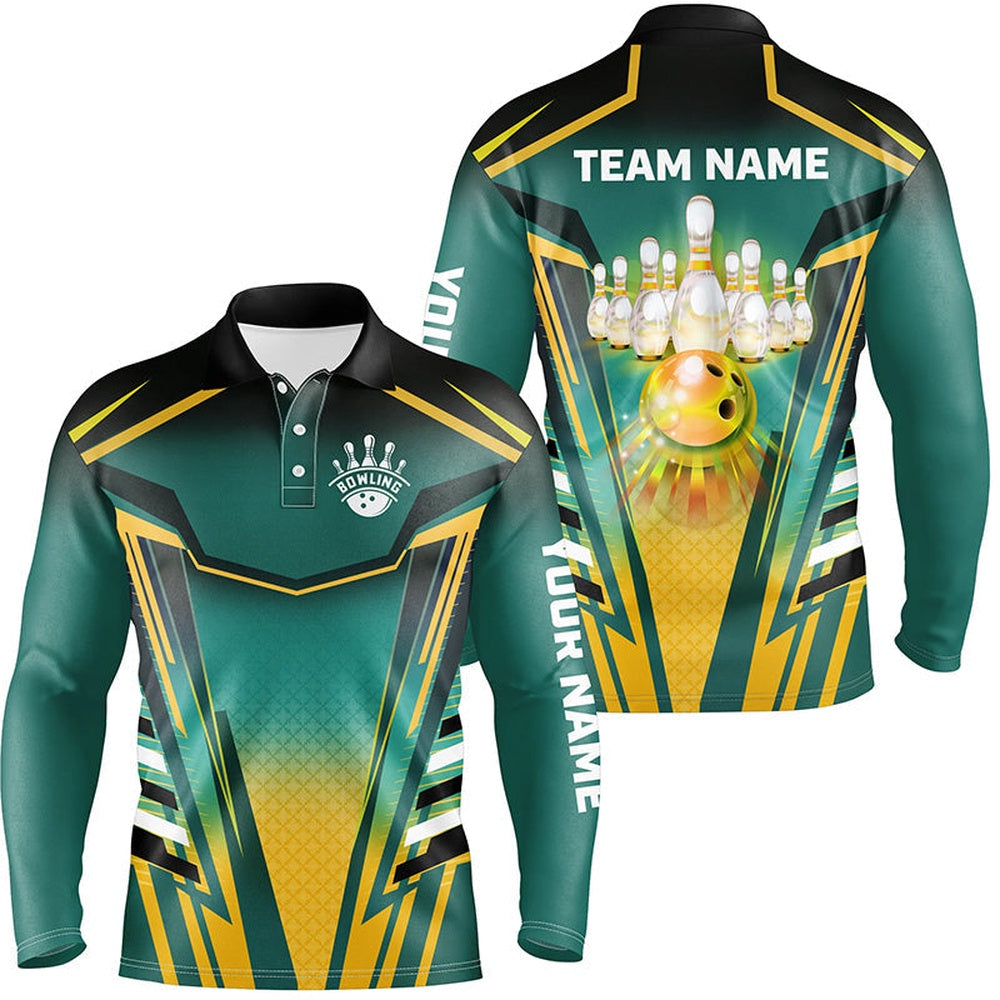 Custom Bowling Polo Shirts, Mens Bowling Polo Shirts Custom Green And Yellow Bowling Ball Pins Team Jerseys Bowling Apparel