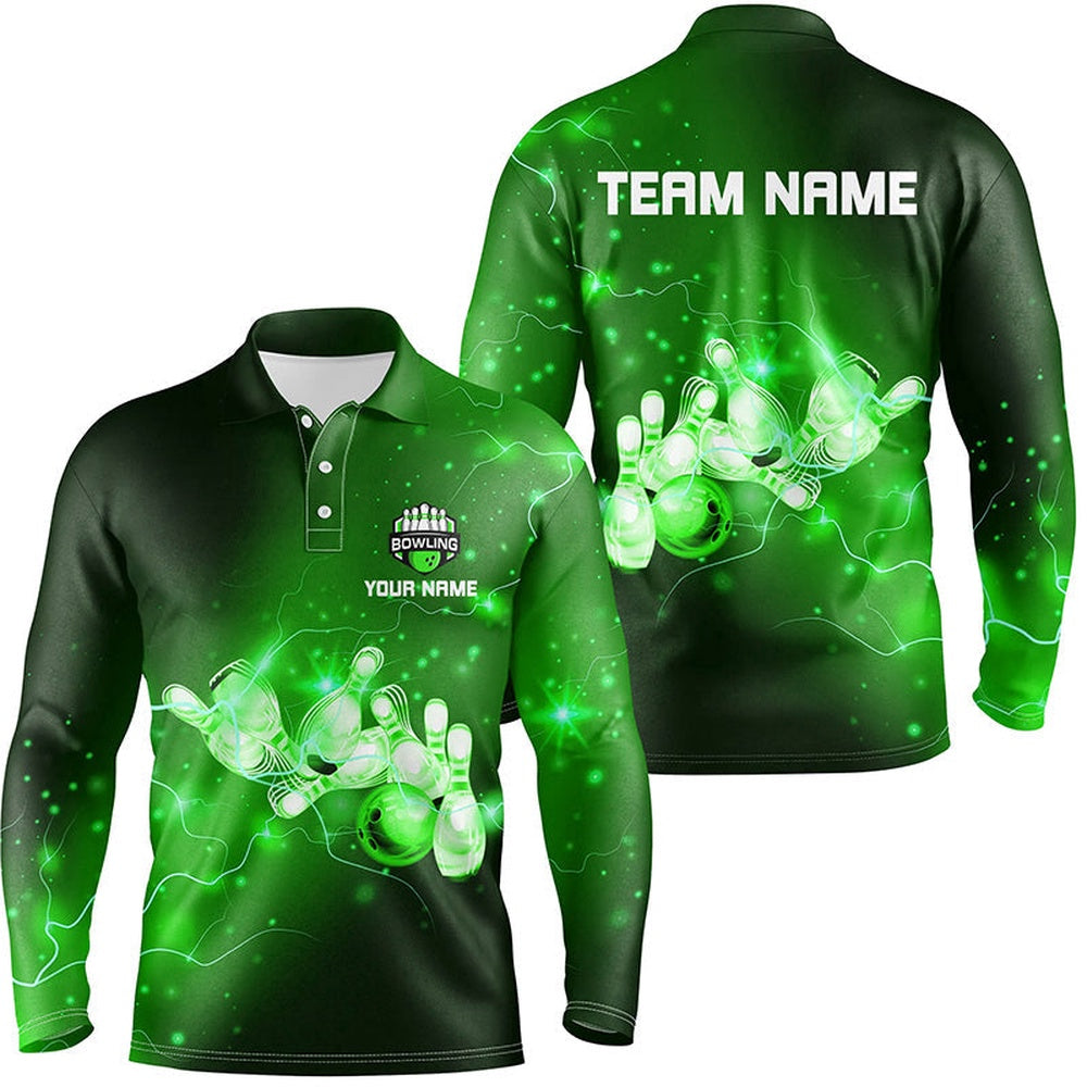 Custom Bowling Polo Shirts, Mens Bowling Polo Shirts Custom Green Flashes Of Lightning Thunder Bowling Team Mens Bowler Jerseys