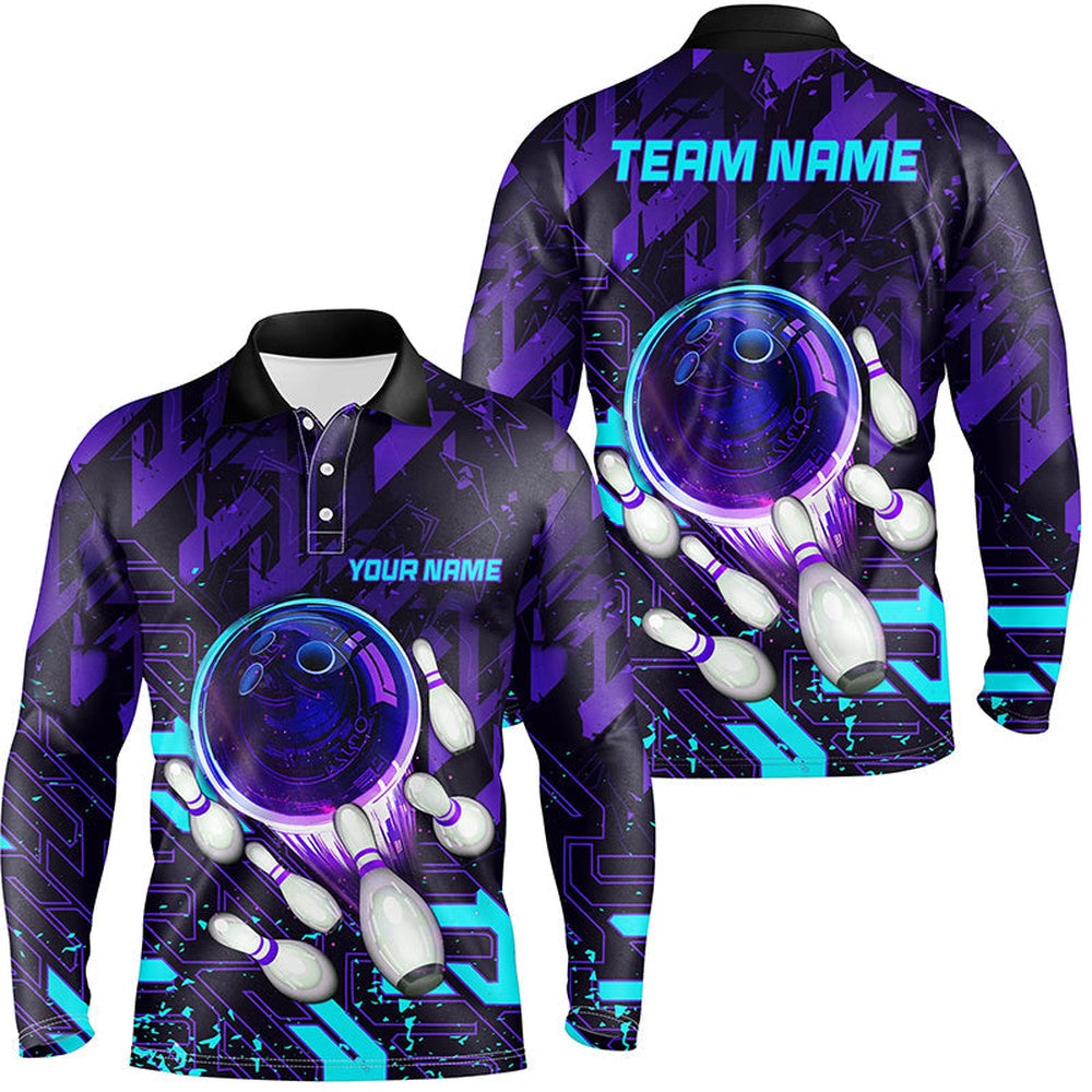 Custom Bowling Polo Shirts, Mens Bowling Polo Shirts Custom Purple Blue Abstract Bowling Team League Jerseys