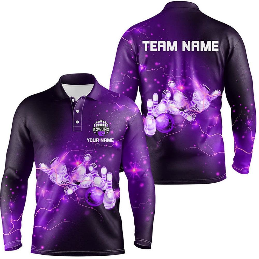 Custom Bowling Polo Shirts, Mens Bowling Polo Shirts Custom Purple Flashes Of Lightning Thunder Bowling Team Mens Bowler Jerseys