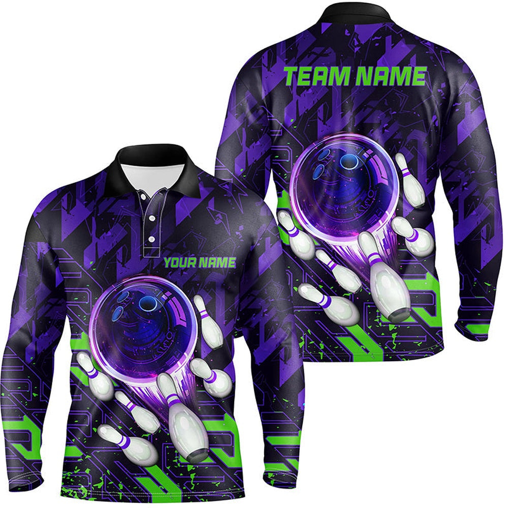 Custom Bowling Polo Shirts, Mens Bowling Polo Shirts Custom Purple Green Abstract Bowling Team League Jerseys