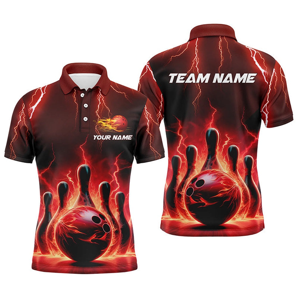 Custom Bowling Polo Shirts, Mens Bowling Polo Shirts Custom Red Thunder Lightning Bowling Team Jerseys Bowler Outfits