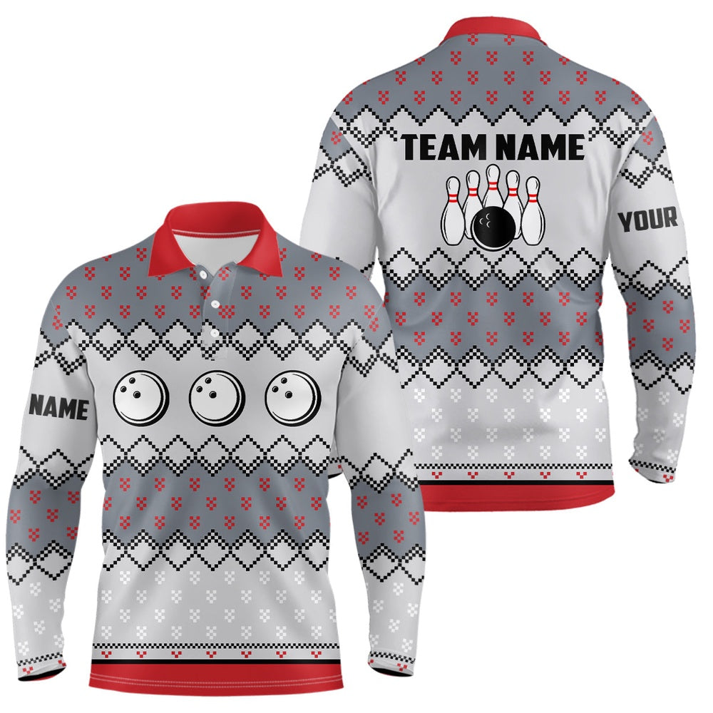 Custom Bowling Polo Shirts, Mens Bowling Polo Shirts Custom Ugly Christmas Pattern Bowling Ball Pins Team Mens Jersey