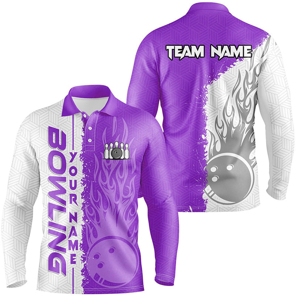 Custom Bowling Polo Shirts, Mens Bowling Polo Shirts Custom White & Purple Flame Bowling Ball And Pins Bowling Team League Jerseys