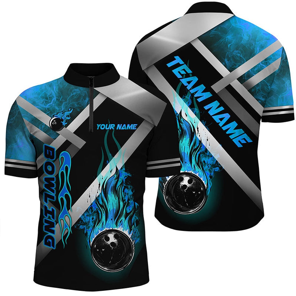 Custom Bowling Polo Shirts, Mens Bowling Shirts Custom Black Bowling Ball Flame Bowling Team Jerseys, Gift For Bowlers Blue