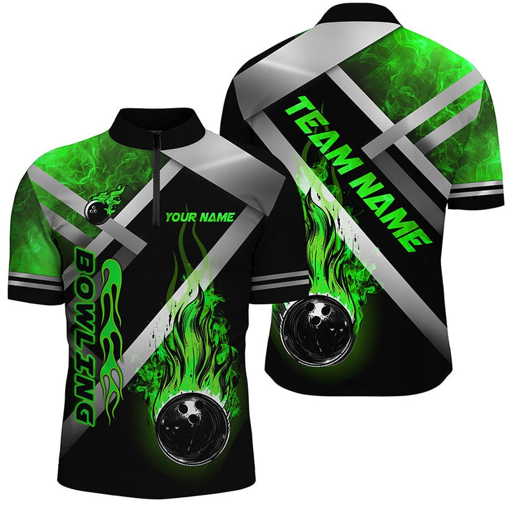 Custom Bowling Polo Shirts, Mens Bowling Shirts Custom Black Bowling Ball Flame Bowling Team Jerseys, Gift For Bowlers Green