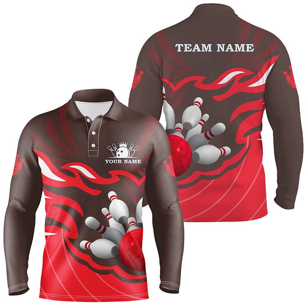 Custom Bowling Polo Shirts, Mens Polo Bowling Shirt Custom Bowling Ball Pins Team League Jersey, Personalized Bowling Gifts Red