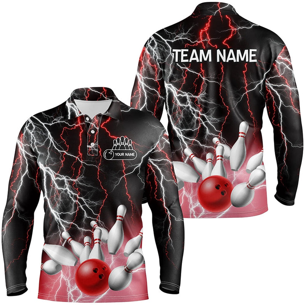 Custom Bowling Polo Shirts, Mens Polo Bowling Shirt Custom Bowling Red Lightning Thunder Team League Jersey