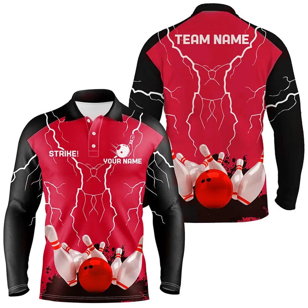 Custom Bowling Polo Shirts, Mens Polo Bowling Shirt Custom Bowling Strike Lightning Storm Thunder Team League Jersey Red
