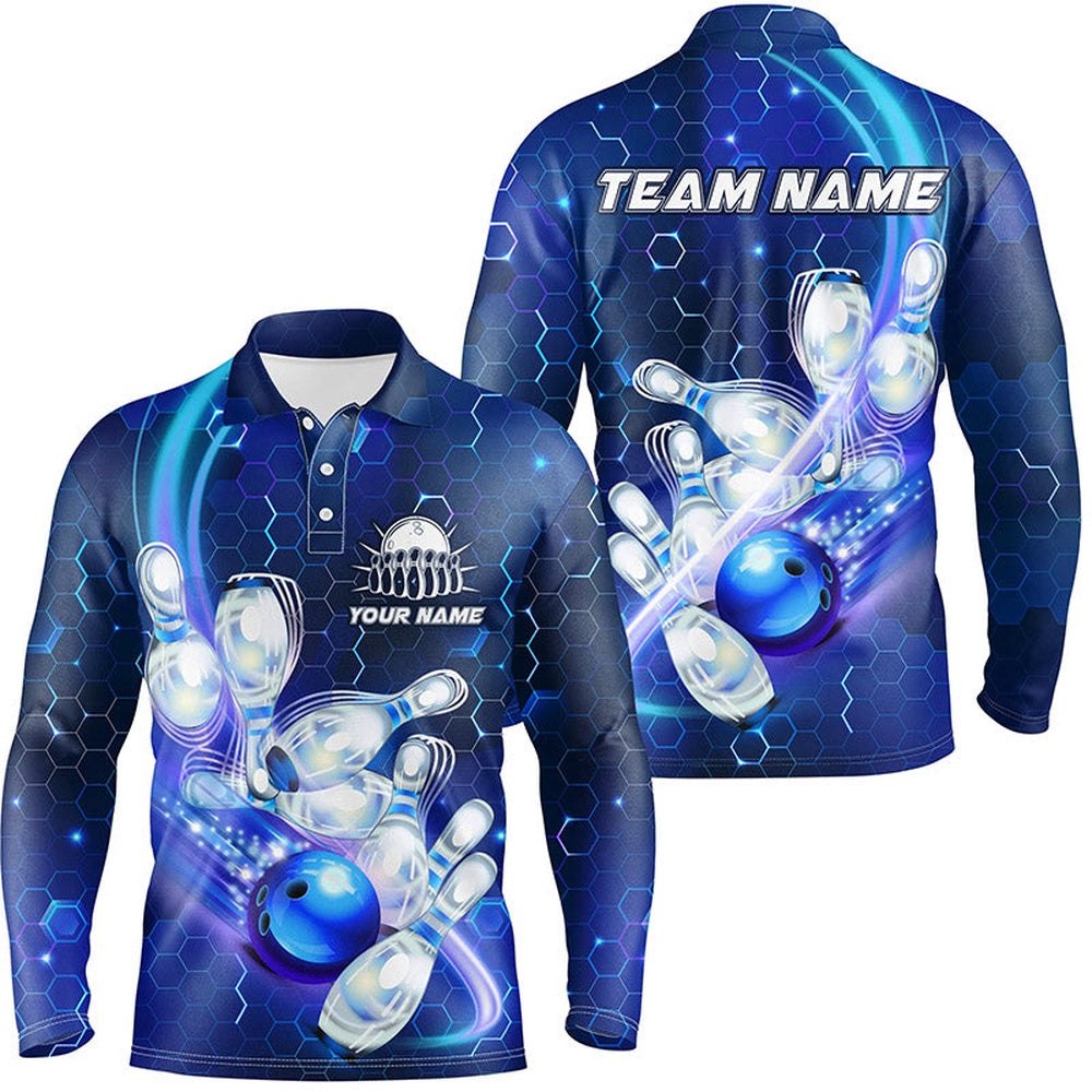 Custom Bowling Polo Shirts, Mens Polo Bowling Shirts Custom Blue Light Bowling Ball Pins Hexagon Pattern Bowling Team Jersey