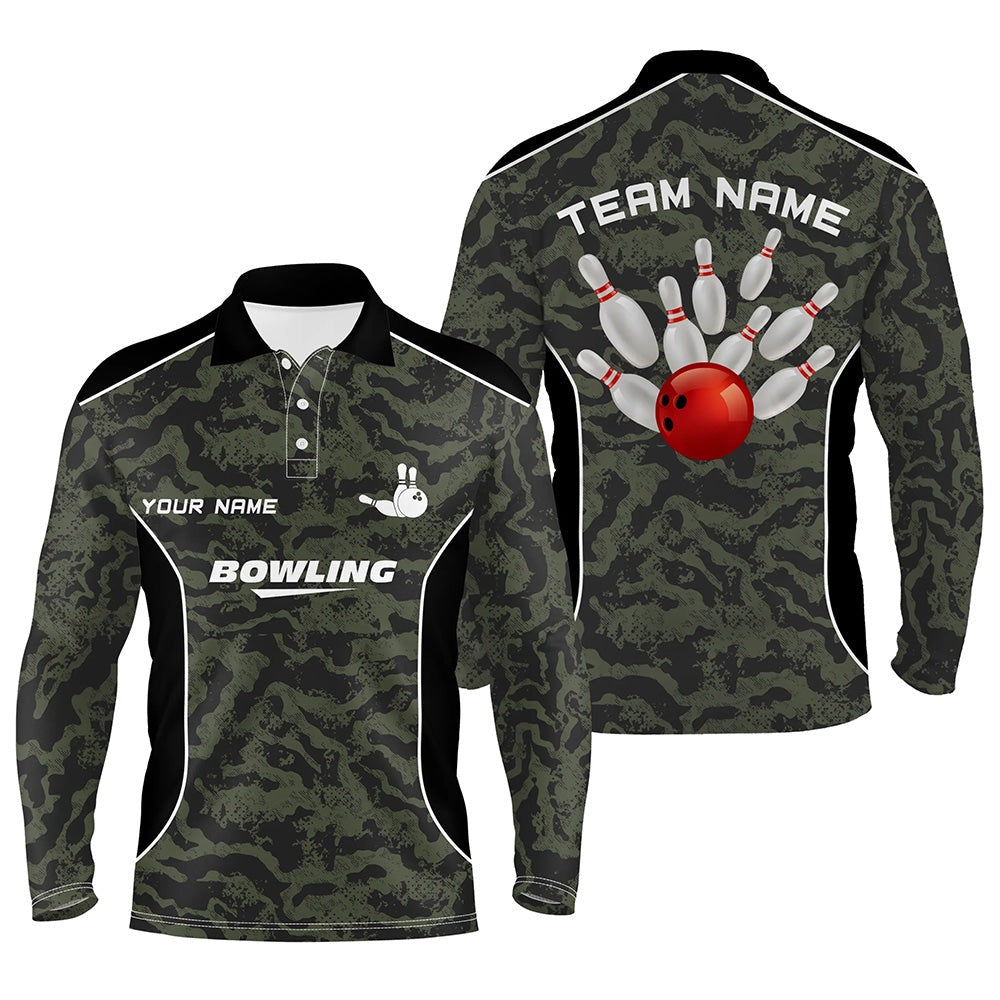Custom Bowling Polo Shirts, Mens Polo Bowling Shirts Custom Bowling Ball And Pins Camo Bowling Team Jersey For Men