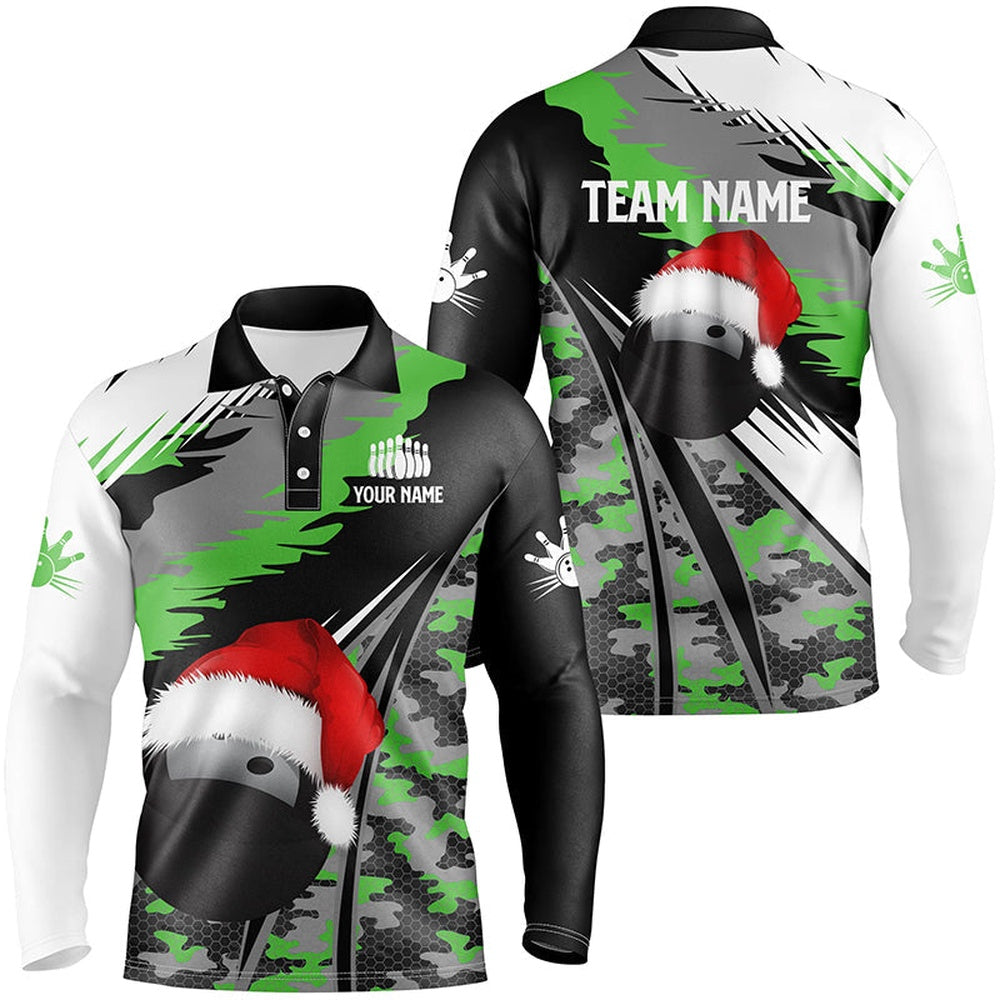 Custom Bowling Polo Shirts, Mens Polo Bowling Shirts Custom Christmas Bowling Ball Green Camo Bowling Team League Jersey