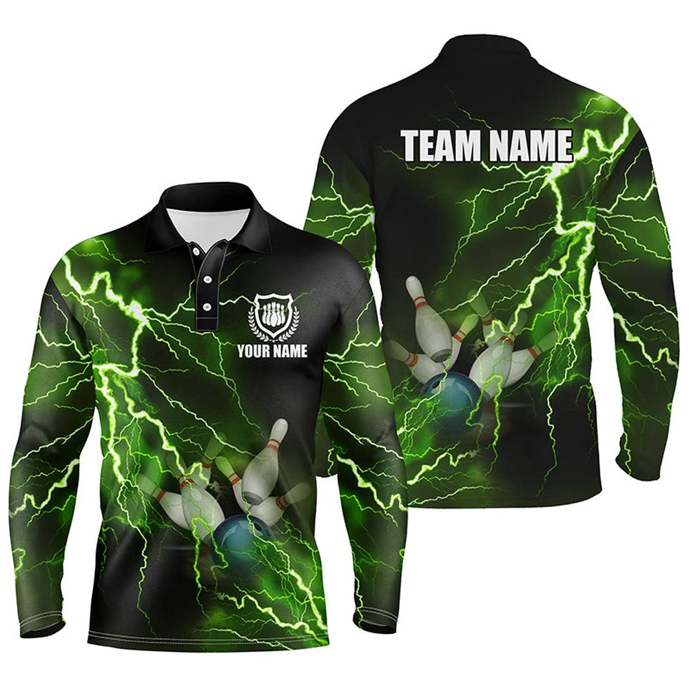 Custom Bowling Polo Shirts, Mens Polo Bowling Shirts Custom Green Lightning Thunder Bowling Team Jersey, Gift For Team Bowlers