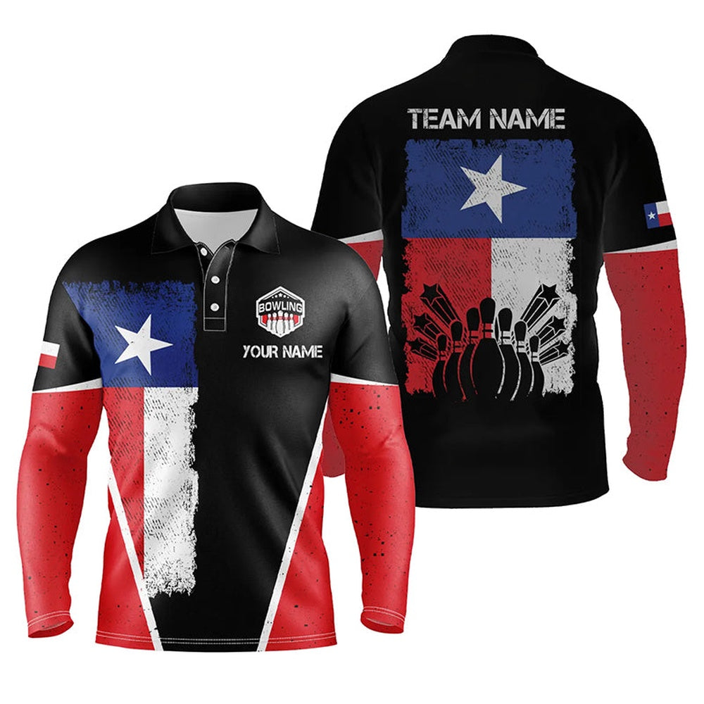 Custom Bowling Polo Shirts, Mens Polo Bowling Shirts Custom Name Texas Flag Vintage Black Bowling Team Bowlers Jerseys