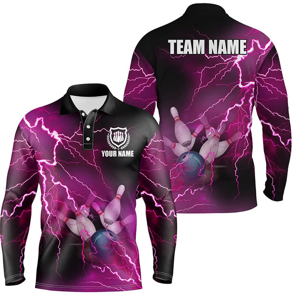 Custom Bowling Polo Shirts, Mens Polo Bowling Shirts Custom Pink Lightning Thunder Bowling Team Jersey, Gift For Team Bowlers