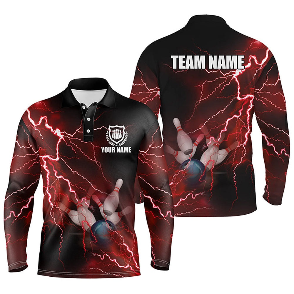 Custom Bowling Polo Shirts, Mens Polo Bowling Shirts Custom Red Lightning Thunder Bowling Team Jersey, Gift For Team Bowlers