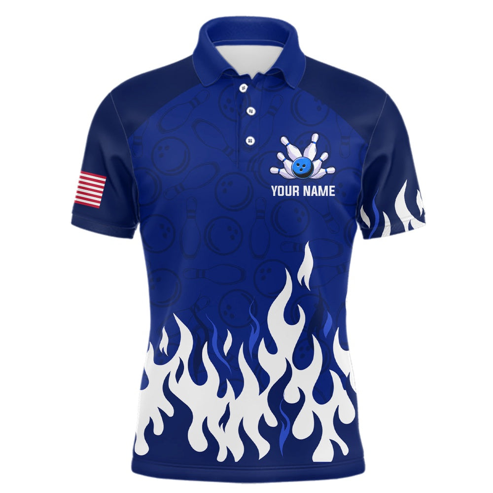 Custom Bowling Polo Shirts, Navy Bowling Shirt Unisex Flame Bowling Jersey Men Polo Bowling Shirt