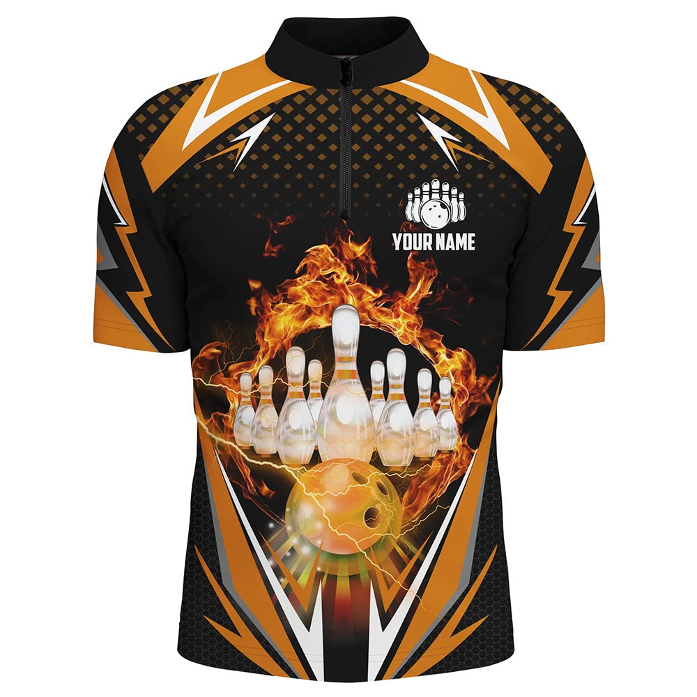 Custom Bowling Polo Shirts, Orange Bowling Shirt Camo Bowling Shirt Customized Flame Bowling Jersey Unisex Zip Shirt For Men