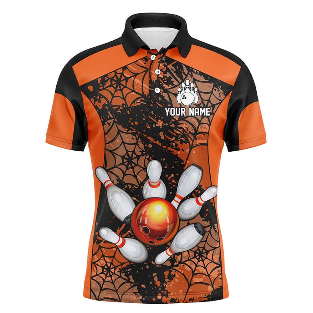 Custom Bowling Polo Shirts, Orange Bowling Shirt For Men Spider Bowling Shirt Customized Polo Shirt Unisex