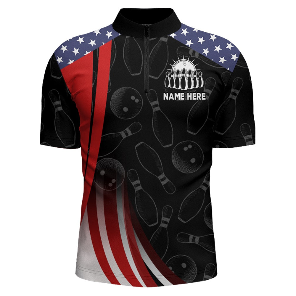 Custom Bowling Polo Shirts, Patriotic Bowling Shirt American Camo Bowling Jersey Customized For Men Zip Bowling Team League