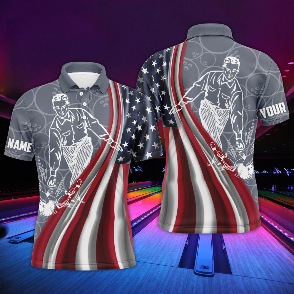 Custom Bowling Polo Shirts, Patriotic Men'S Polo Bowling Shirt, American Flag Custom Name Bowlers Jersey Short Sleeve