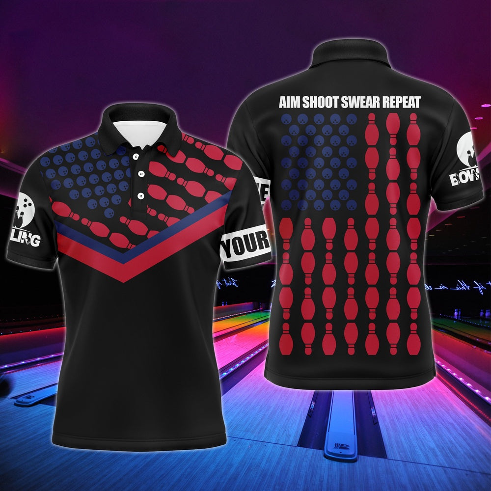 Custom Bowling Polo Shirts, Patriotic Polo Bowling Shirt For Men Bowlers, Personalized American Flag Cool Bowling Jersey
