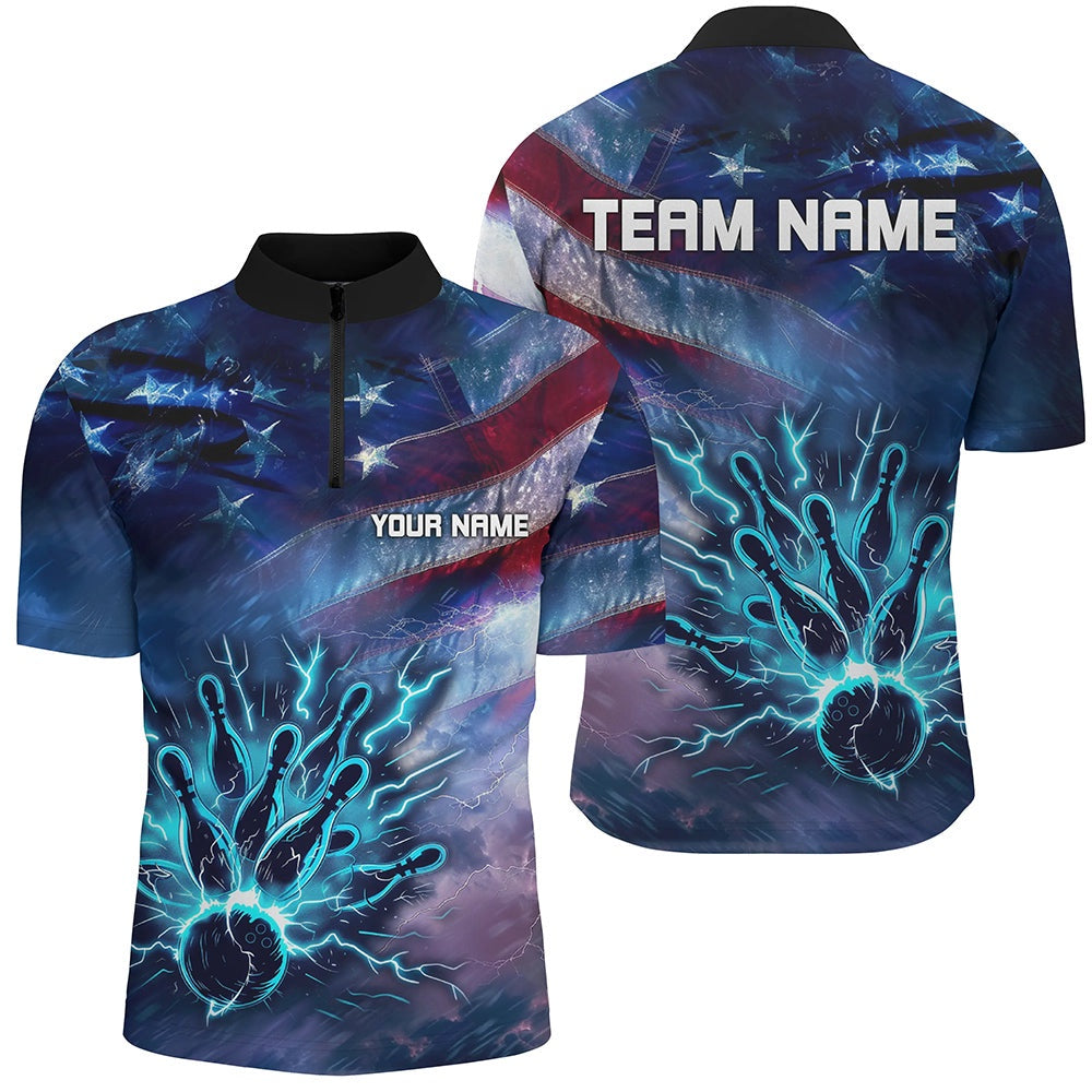 Custom Bowling Polo Shirts, Personalized American Flag Blue Lightning Thunder Bowling Shirts For Men Custom Team Bowling Jerseys
