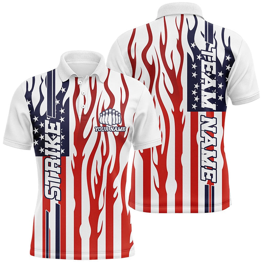 Custom Bowling Polo Shirts, Personalized American Flag Flame Unisex Bowling Team Shirts, Patriotic Bowlers Outfits