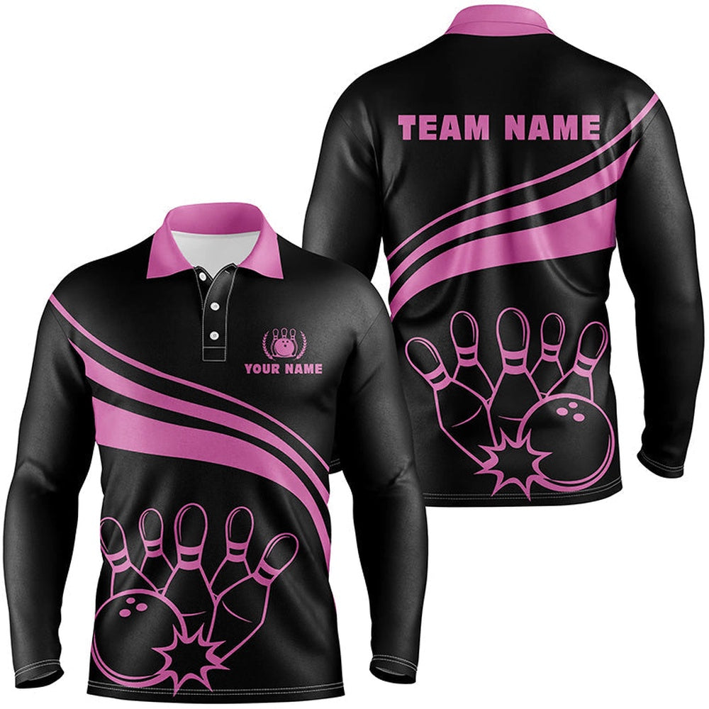 Custom Bowling Polo Shirts, Personalized Black Bowling Polo Shirts For Men, Custom Men'S Bowling Shirt Team Bowling Jerseys Pink