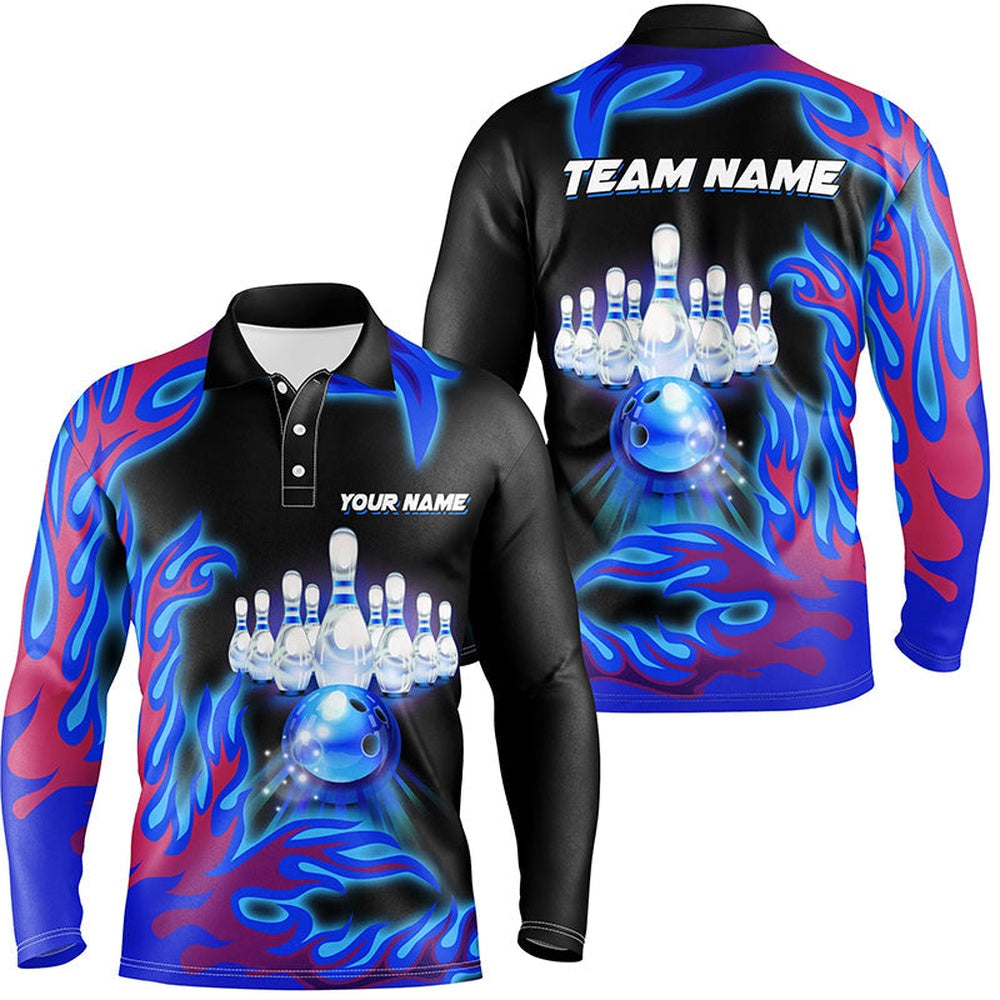 Custom Bowling Polo Shirts, Personalized Blue Flame Bowling Team Jerseys, Mens Polo Bowling Shirts Bowling League