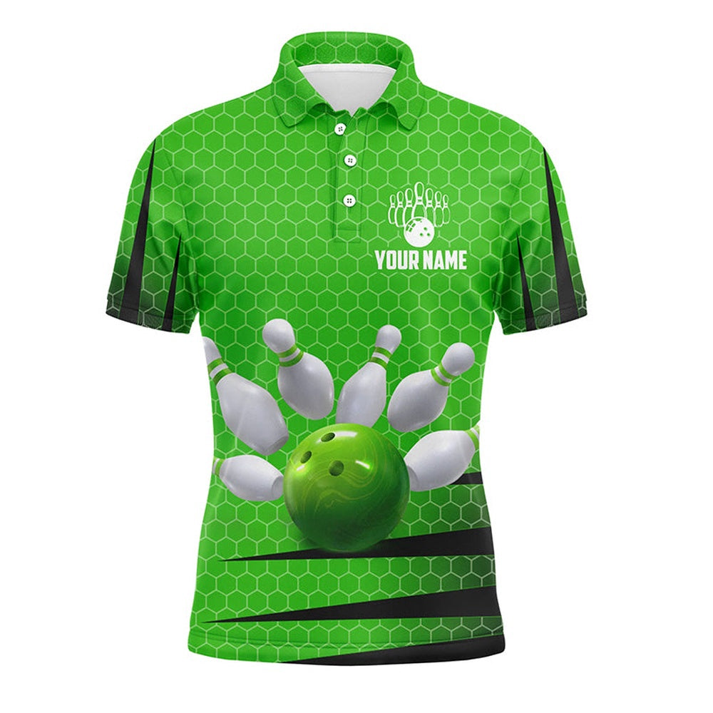 Custom Bowling Polo Shirts, Personalized Bowling Jersey Green Bowling Shirt For Men Bowling Team League Polo Shirt