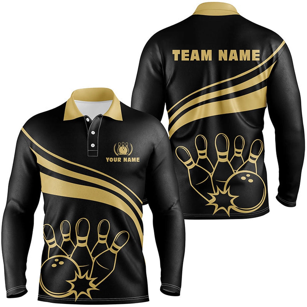Custom Bowling Polo Shirts, Personalized Gold Bowling Polo Shirts For Men, Custom Men'S Bowling Shirt Team Bowl Jersey Black