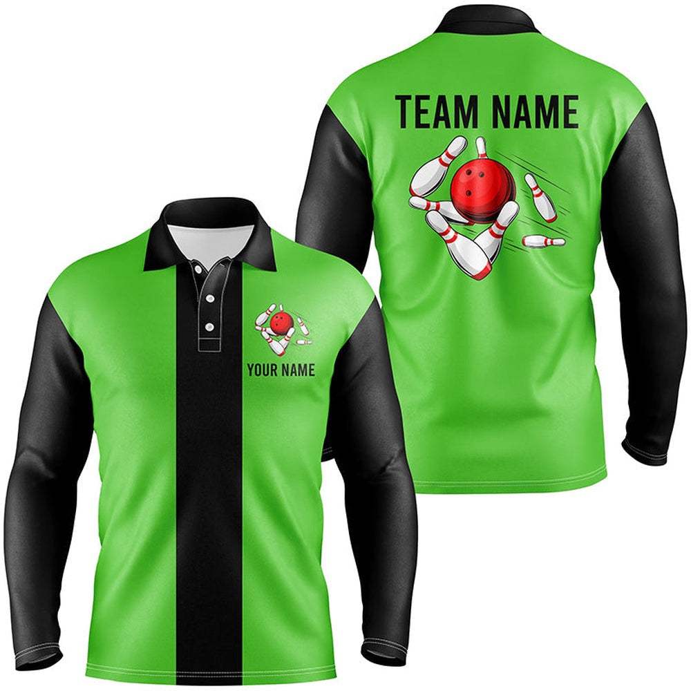 Custom Bowling Polo Shirts, Personalized Green Black Retro Bowling Polo Shirts For Men Custom Vintage Bowling Team Jerseys