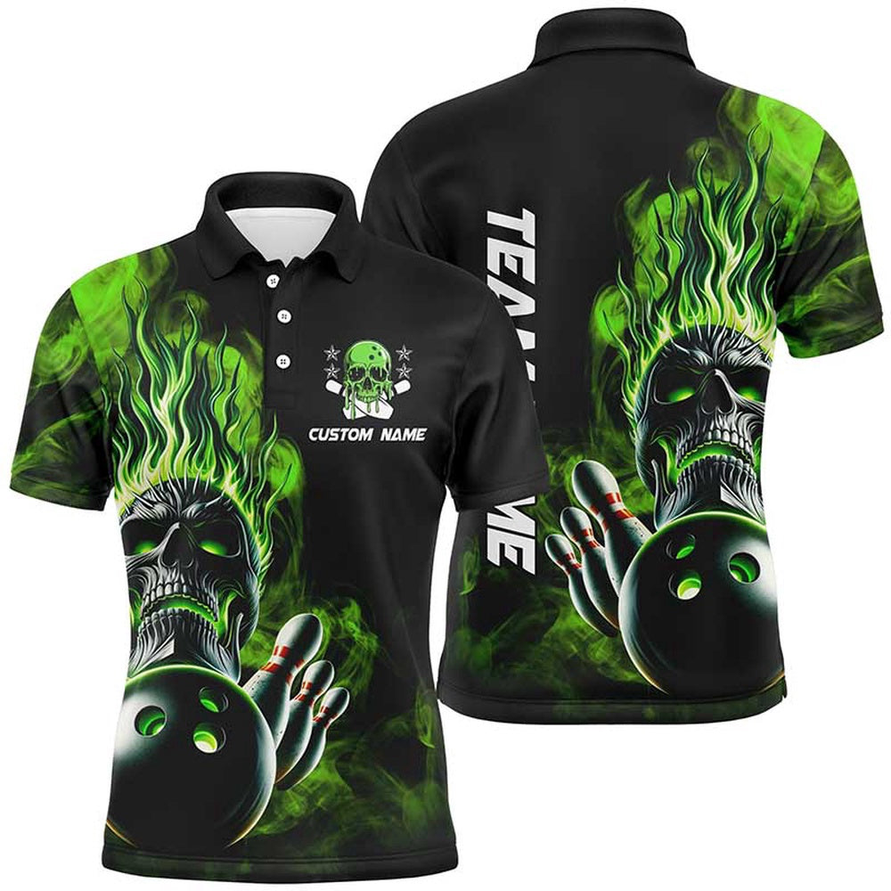 Custom Bowling Polo Shirts, Personalized Green Flame Skull Unisex Bowling Team Shirts, Strike Bowling Jerseys For Men Women