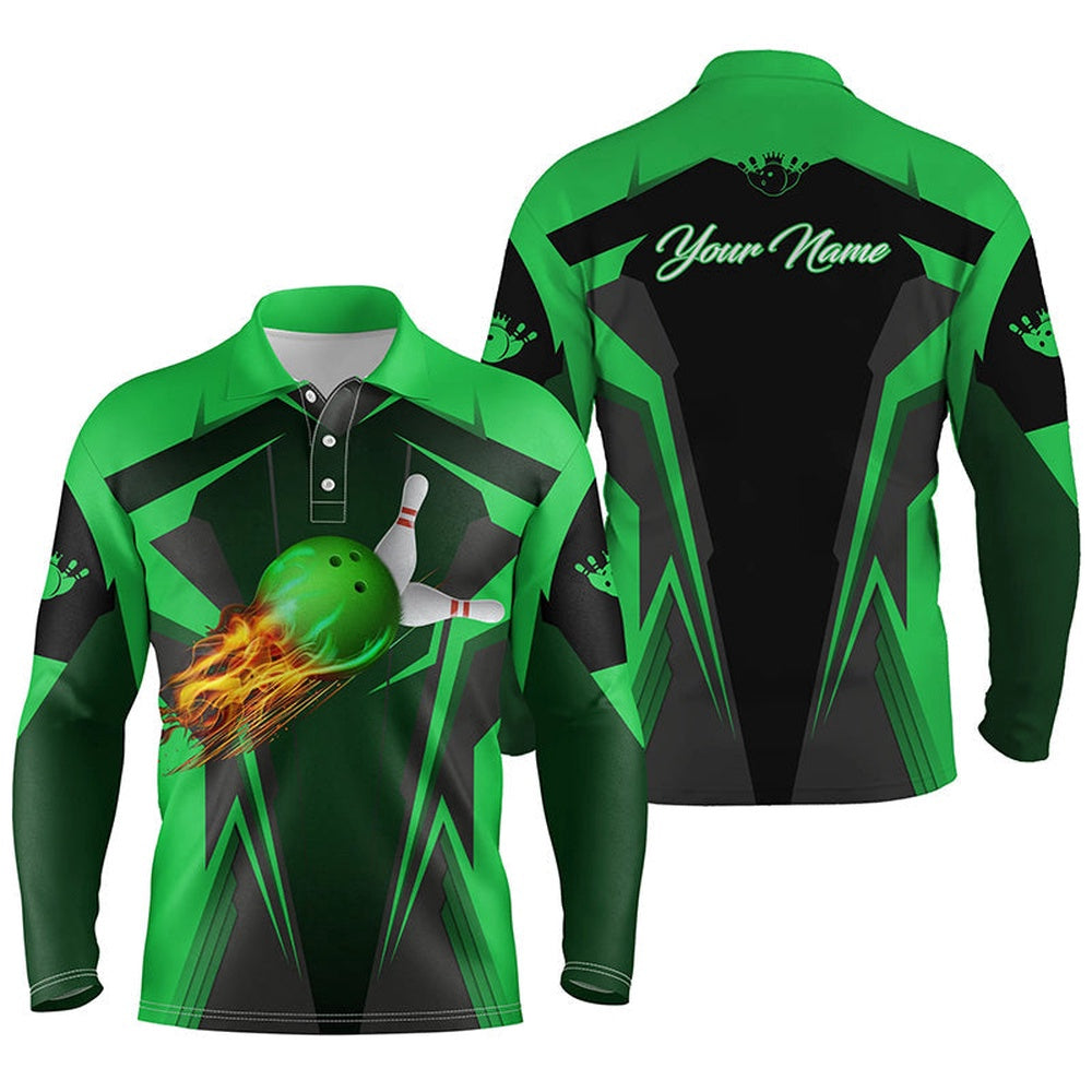 Custom Bowling Polo Shirts, Personalized Men Bowling Polo Shirt Flame Bowling Ball And Pins, Bowling Polo For Men Bowlers Green