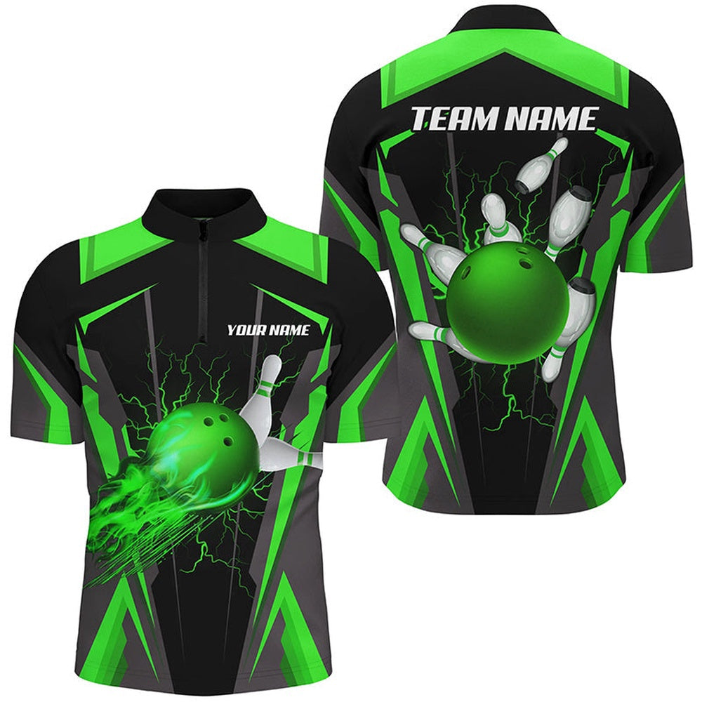 Custom Bowling Polo Shirts, Personalized Men Bowling Shirts Flame Bowling Ball And Pins, Bowling Jerseys For Men Bowlers Green