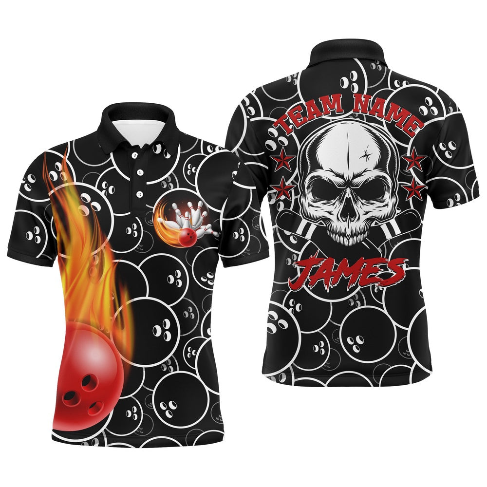 Custom Bowling Polo Shirts, Personalized Men Flame Polo Bowling Shirt Cool Skull Pins Black Bowling Short Sleeve Men Bowlers