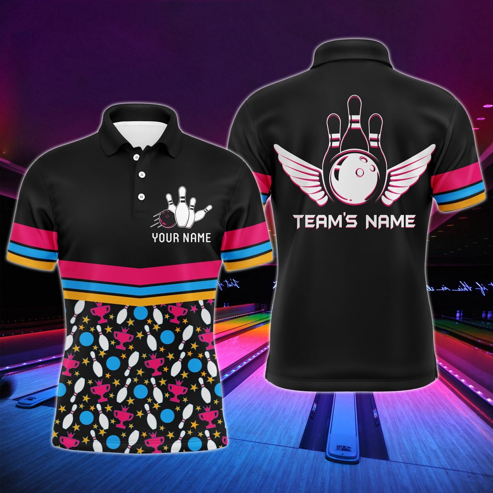 Custom Bowling Polo Shirts, Personalized Men Polo Bowling Shirt Colorful Balls And Pins Champion Short Sleeves Men Bowlers