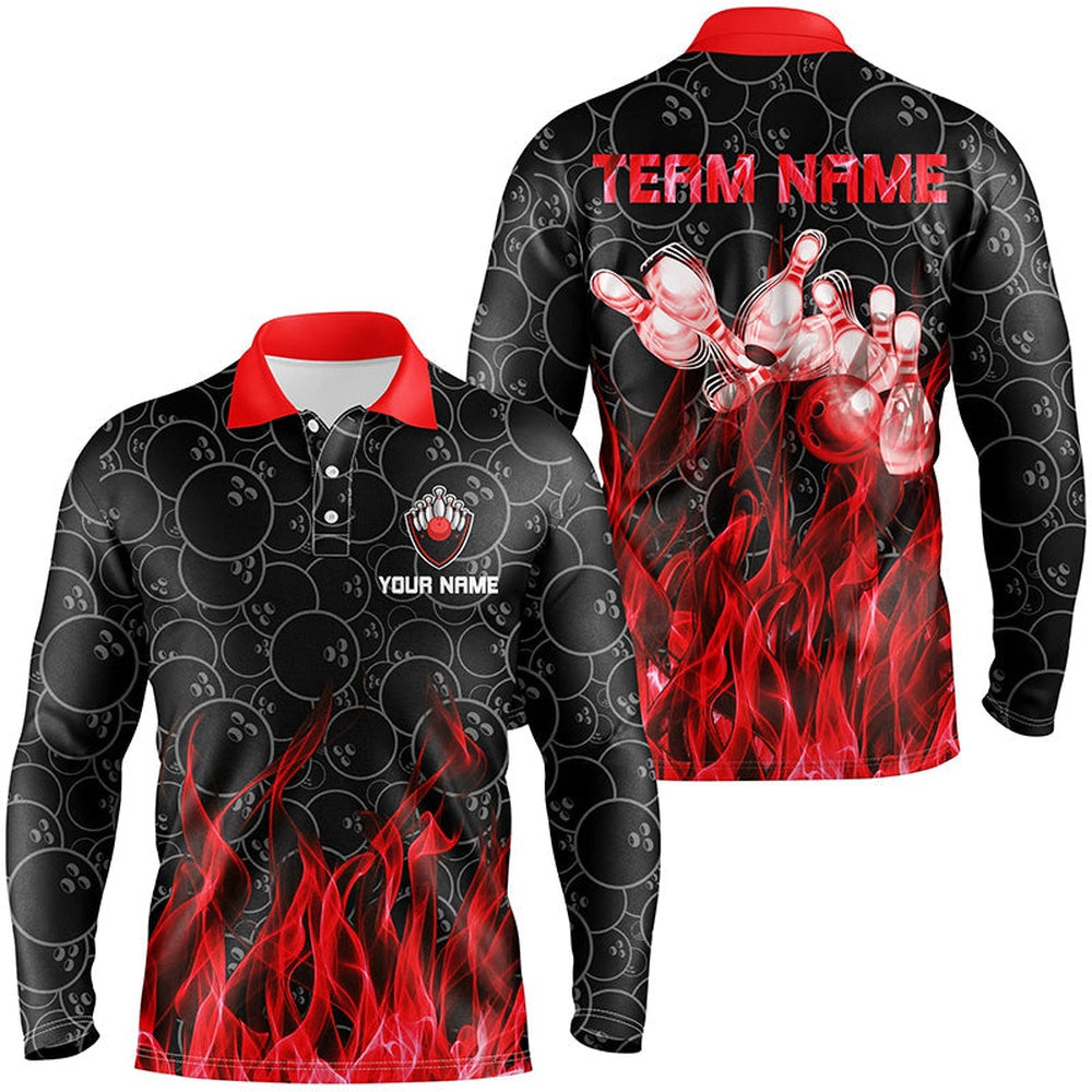 Custom Bowling Polo Shirts, Personalized Men Polo Bowling Shirt Red Flame Bowling Ball And Pins Camo Bowling Jersey For Men Bowler