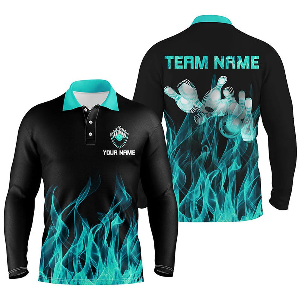 Custom Bowling Polo Shirts, Personalized Men Polo Bowling Shirt Turquoise Flame Bowling Ball Pins Bowling Jerseys For Men Bowler