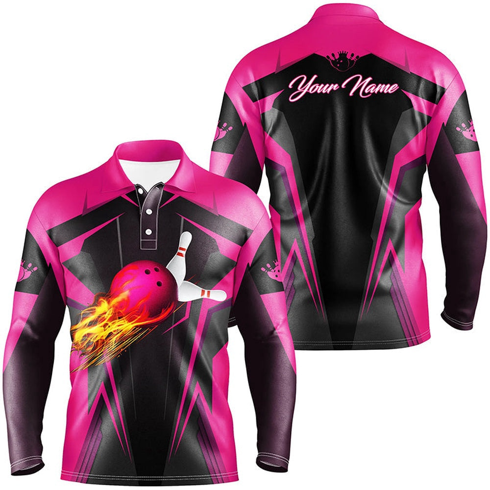 Custom Bowling Polo Shirts, Personalized Mens Polo Shirt Flame Bowling Ball Pins, Bowling Jerseys For Bowlers Pink