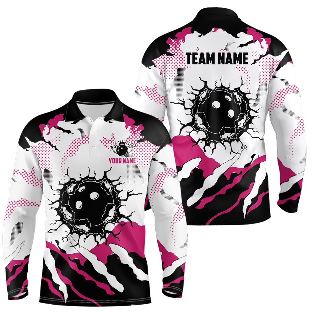 Custom Bowling Polo Shirts, Personalized Pink And White Camo Bowling Polo Shirts For Men, Custom Team Men'S Bowling Shirt