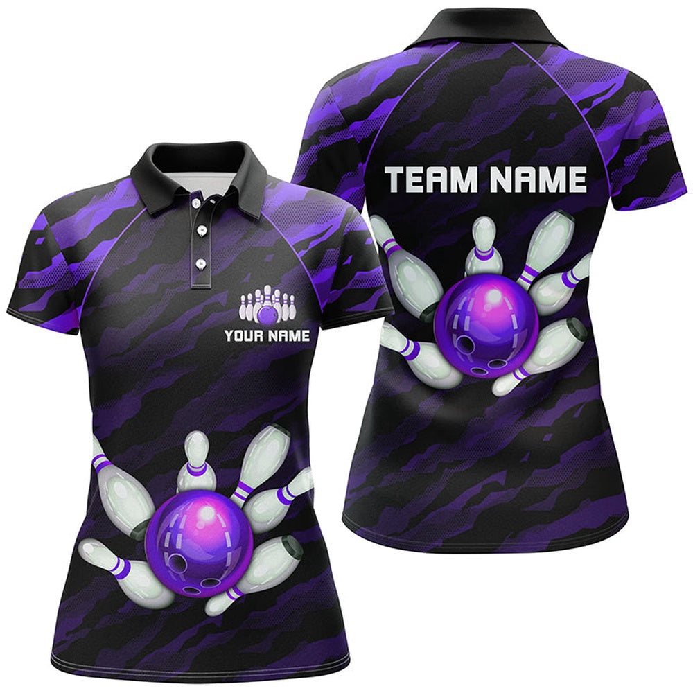 Custom Bowling Polo Shirts, Personalized Purple Camo Bowling Polo Shirts Unisex Bowling Team Jersey Men Women
