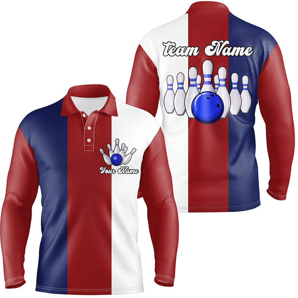 Custom Bowling Polo Shirts, Personalized Red White And Blue Retro Bowling Polo Shirts For Men Custom Vintage Bowling Team Jerseys