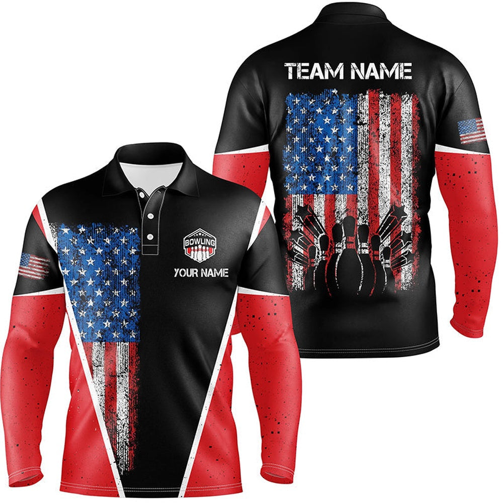 Custom Bowling Polo Shirts, Personalized Retro Bowling Polo Shirt For Men Vintage American Flag Patriotic Custom Bowler Jerseys