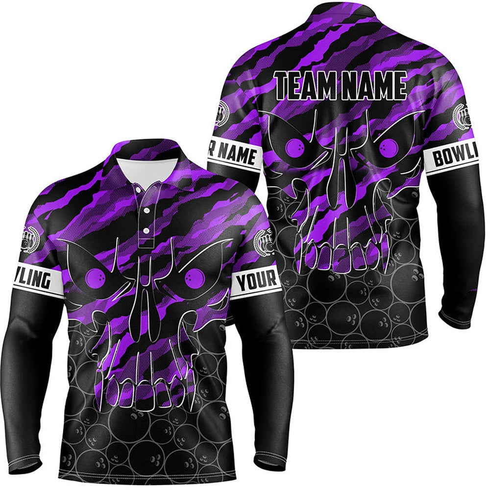 Custom Bowling Polo Shirts, Personalized Skull Bowling Polo Shirt For Men Custom Team'S Name Purple Camo Bowler Jerseys