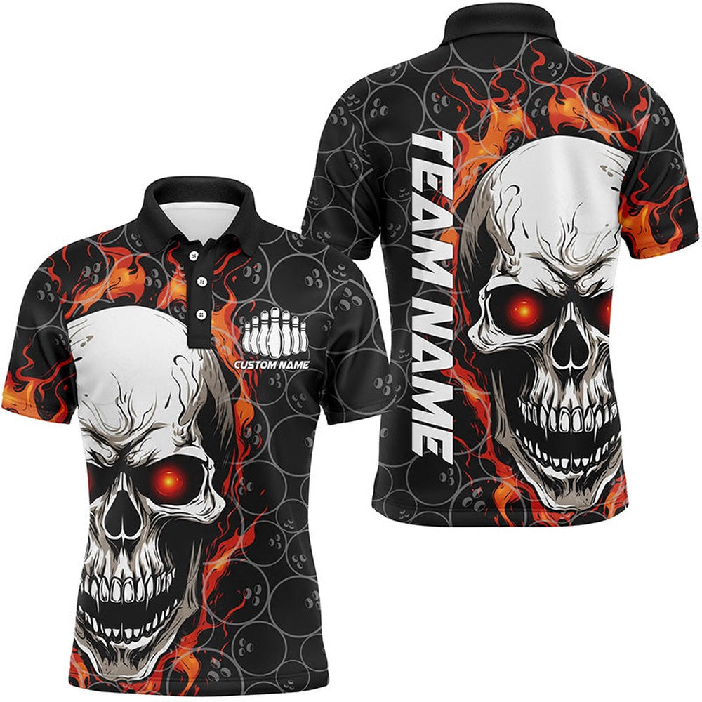 Custom Bowling Polo Shirts, Personalized Skull Bowling Shirt For Men Custom Team'S Name Flame Bowler Jerseys Red